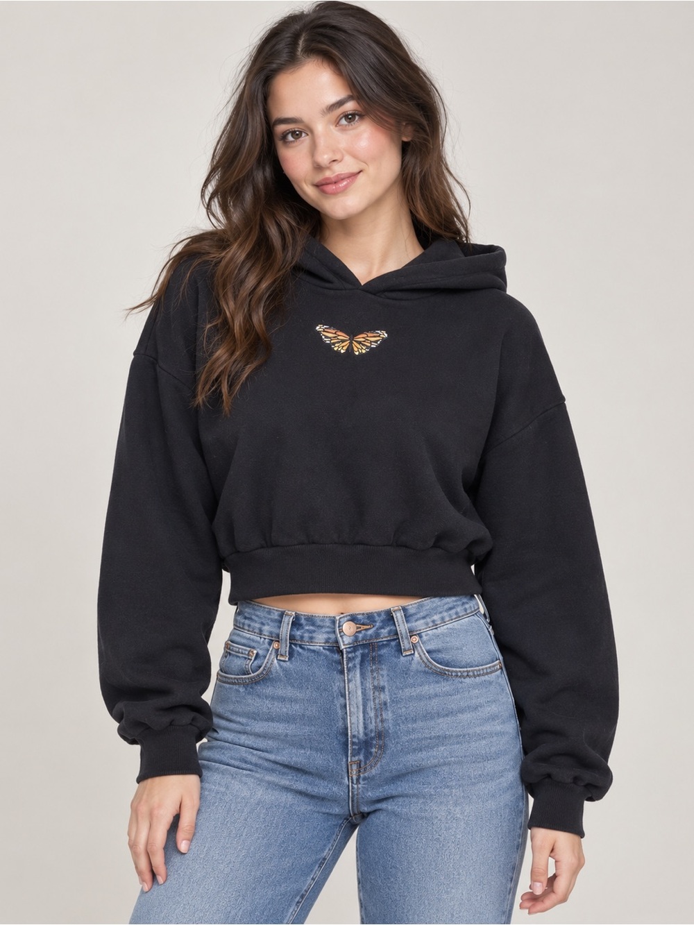 Garage Black Monarch Butterfly Embroidered Cropped Hoodie Small